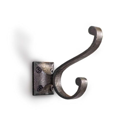 functional and beautiful transitional interior design style for your home or office metal scroll double hooks will hold a lot of things to organize the entryway, front door, mudroom, laundry room, pool house, bathroom, bedroom, or in a hallway - the minimal square back plate with a simple curly flat metal bar for an organic verses geometric contrast - the finish is a light gunpowered vintage pewter like a warm dark gray neutral color