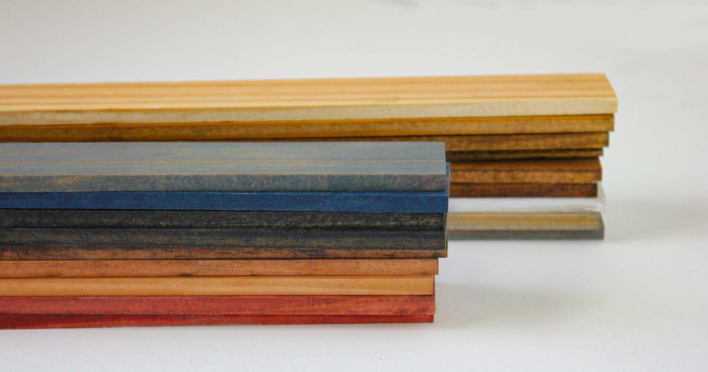 stack of Minwax stain wood samples over pine to see the scale and all colors available, order yours to pick your color to match your home decor