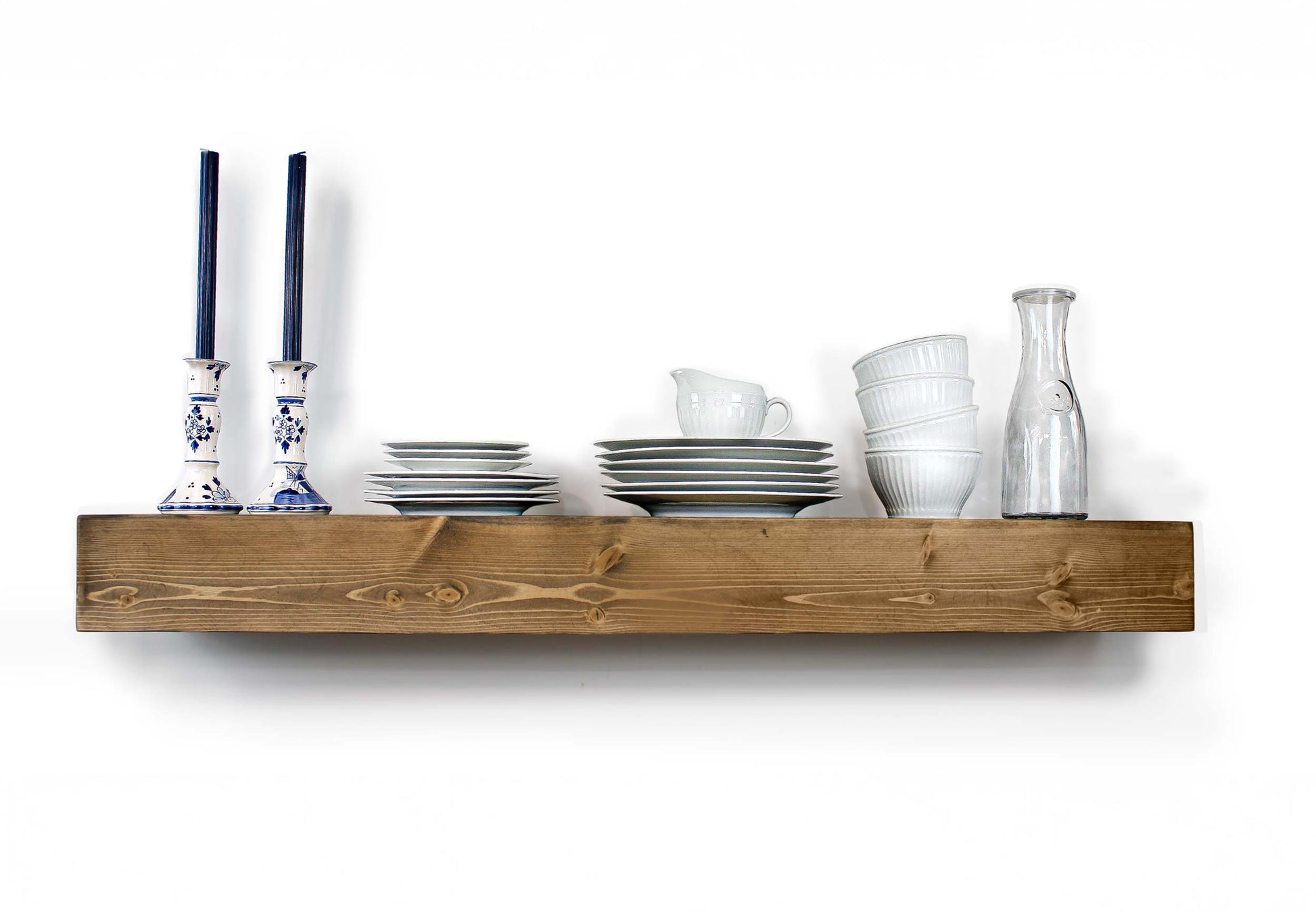 Kitchen timber beam Wooden shelf with decorative items on a white background