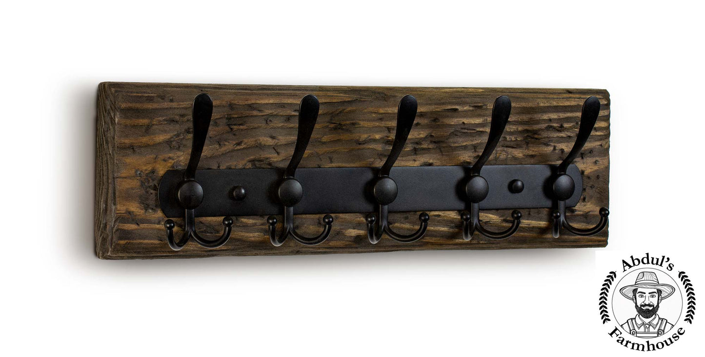 Rustic Wall Mounted Hook Coat Rack Hand Weathered Reclaimed Wood with Compact Hooks Storage Modern Farmhouse Home Entryway Decor Made in USA