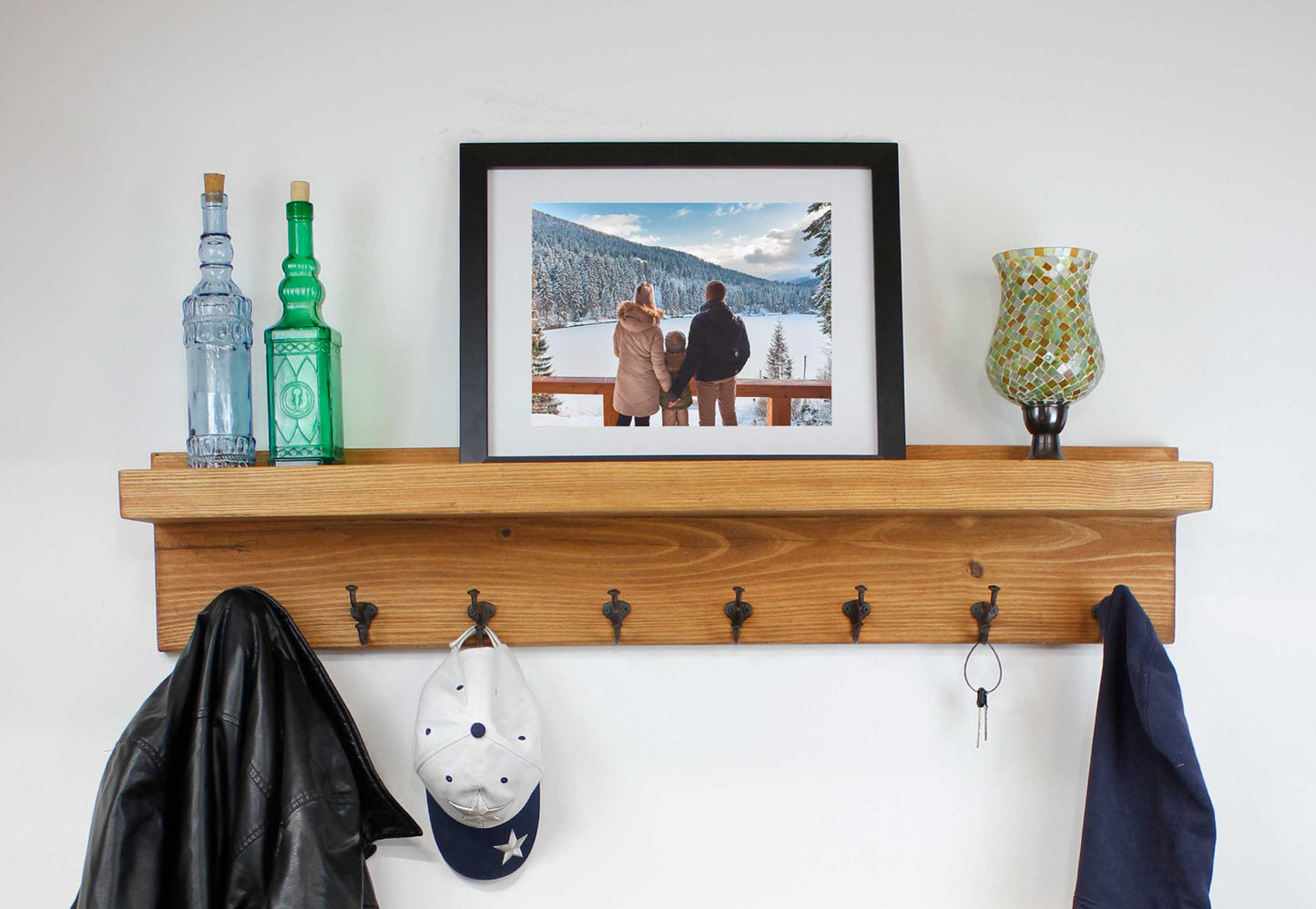 Coat Rack Hook Shelf with Picture Ledge Wall Mounted Farmhouse Entryway Nailhead Hooks Wood Hanging Storage for Entryway