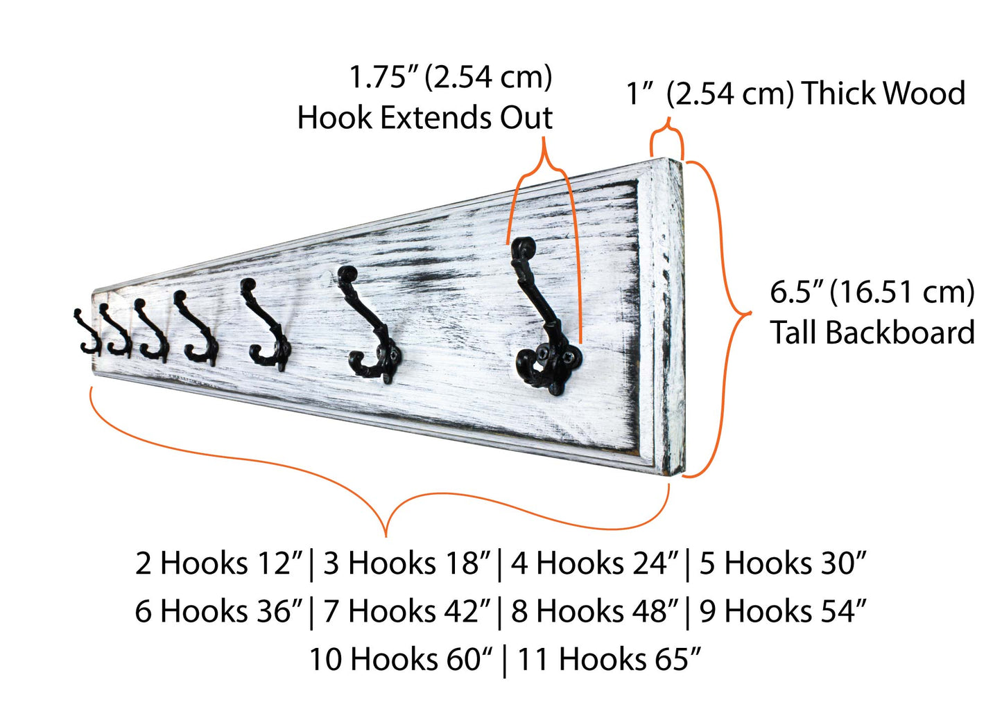 Approximate measurements coat rack backboard and metal clothes hooks hung on the wall - comes in 2 hooks up to 11 hooks or contact us for custom orders