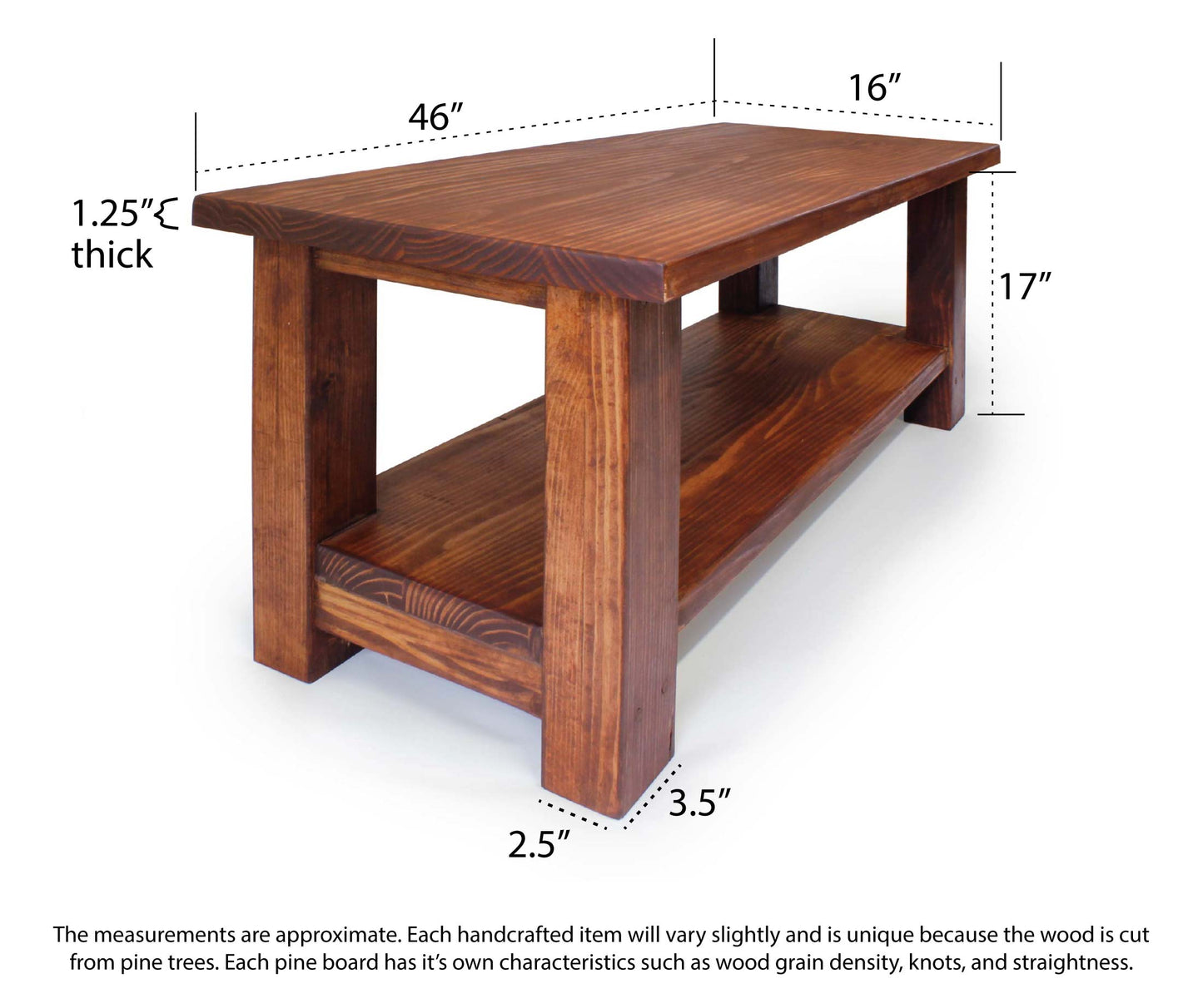 Wood Bench with Shoe Shelf for Door Entryway Handcrafted Heavy-Duty Solid Pine Dining Seat with Storage Space Made in USA 46" x 16" x 17"