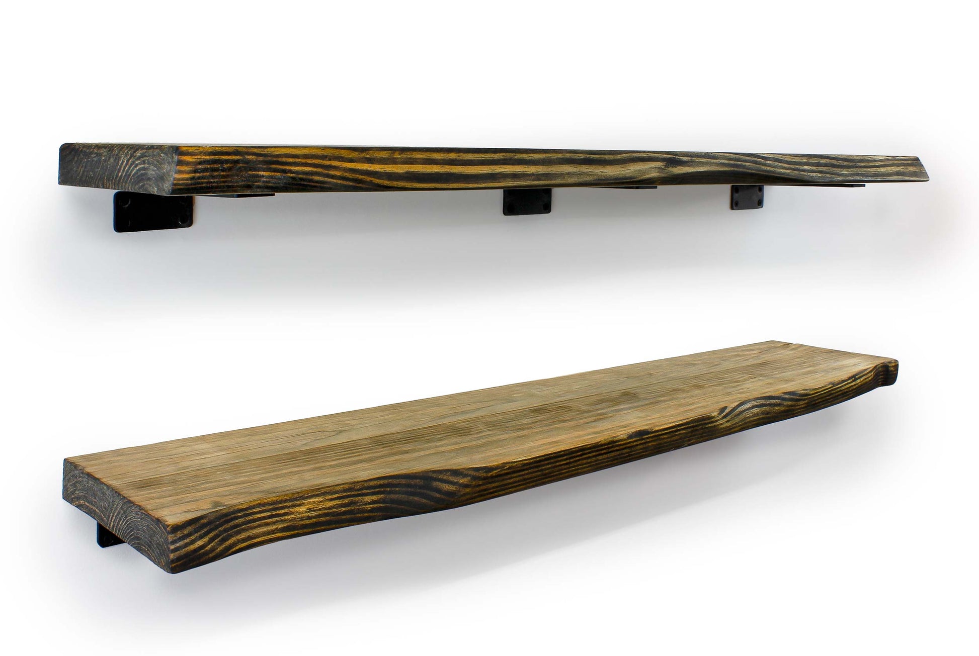 Wall Shelf Rustic Farmhouse Wood Shelves Hand Carved Live Edge top and front shot of the live edge shelves you can see the natural wood grain and curvy live edge that is hand carved and smoothed like reclaimed boards to give a farmhouse retro feel with a modern twist. Great to display holiday decor, historical items, family heirlooms, handcrafted items, and photos