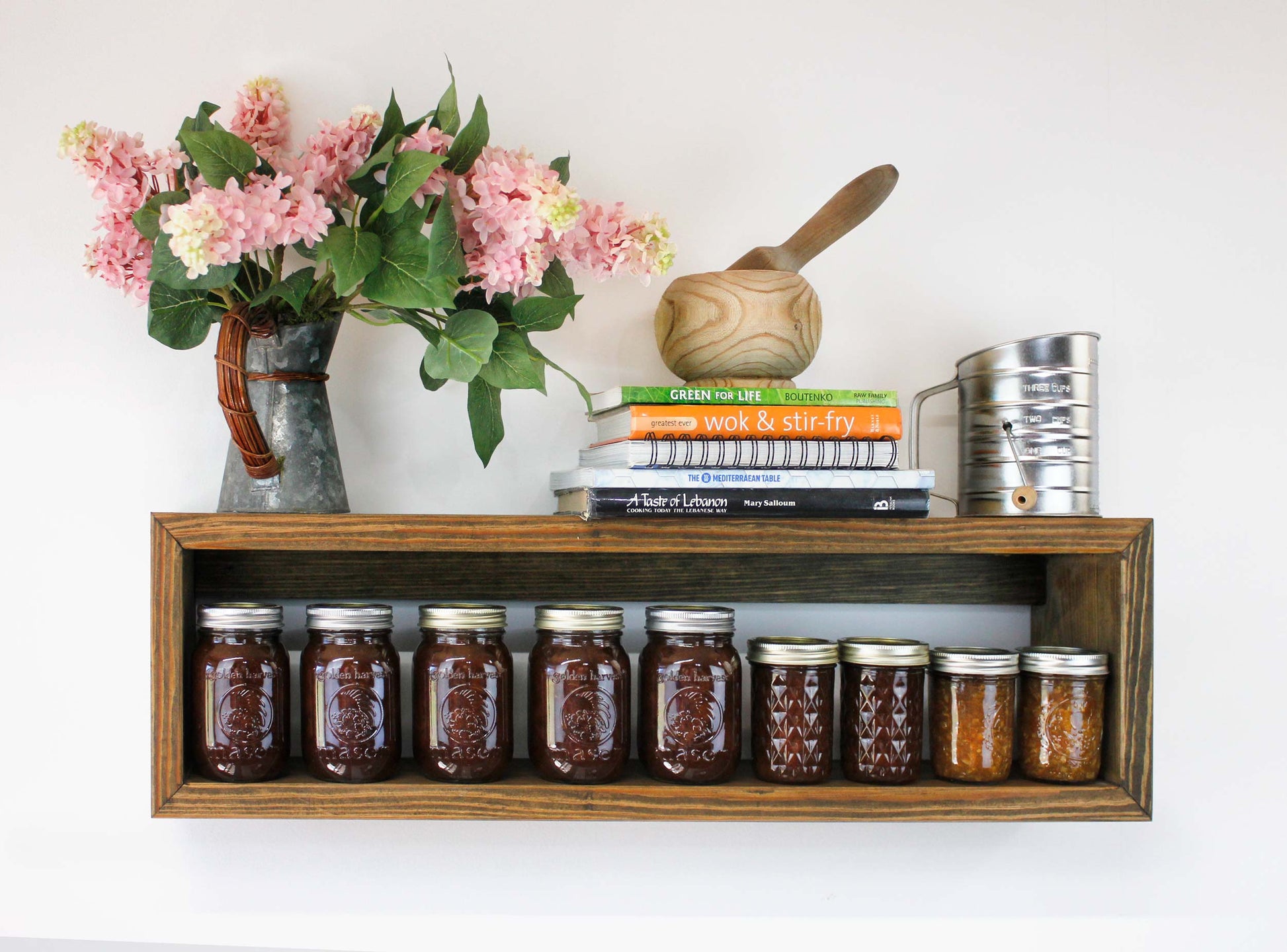 Floating Kitchen shelf to display and store your canned goods, cook books, cooking tools, tea cups, and spices. Great storage in the bathroom for toilet paper and toiletries. The rectangular box shelves can attractively add storage space to a small room or in a dorm. This versatile wooden shelf makes a fantastic housewarming gift or wedding present.