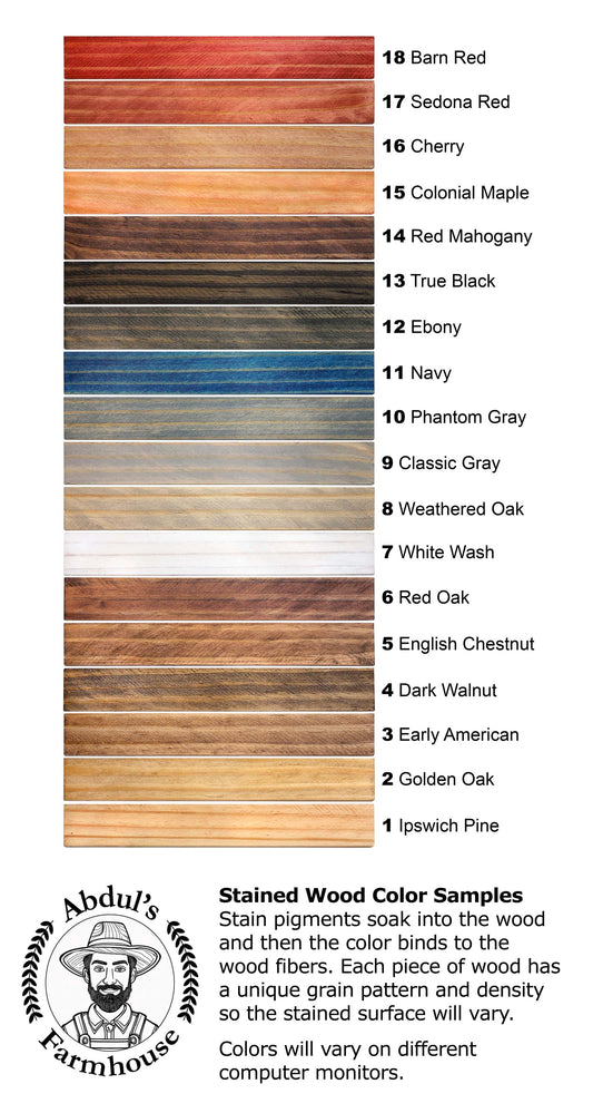 Minwax Wood finish stain - ipswich pine, golden oak, early american, dark walnut, english chestnut, red oak, white wash, weathered oak, classic gray, phantom gray, navy, ebony, true black, red mahogany, colonial maple, cherry, sedona red, barn red all of your favorite interior trim, cabinet, and furniture. Order a sample of the color so you can purchase with confidence that the finish will match your existing home or office decor