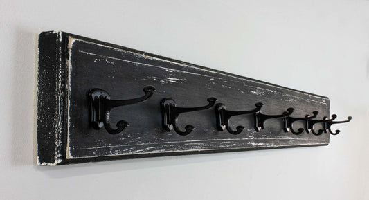 clothes hanger rack vintage farmhouse decor coat rack wall-mounted hanging hook rail board handmade in USA shabby chic black style for an entryway, mudroom, homeschooling, laundry room, or bathroom, bedroom, pool house, craft room and man cave game room, makes a fantastic housewarming gift or wedding present for people who love rustic farmhouse style, hand made in family owned and operated Alabama workshop from hand-picked locally sourced pine and hand weathered